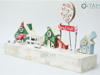 Bộ tiểu cảnh Noel handmade gỗ cây lát tròn X-TCANH-02